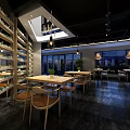 Modern Restaurant Interior With Wooden Tables Chairs Decorative Paintings And Hanging Lights