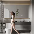 Sleek Modern Bathroom Set with Marble Countertop Wall Mirror Toilet Storage Cabinets and Potted Plant