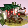 Cartoon Chinese Building Scene with Green Roof Red Door Lanterns Bamboo Cart and Stone Tables