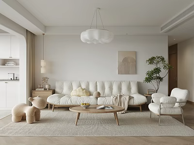Modern Living Room Interior With White Sofa Plush Rug Wooden Coffee Table And Green Plant 3d model