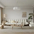 Modern Living Room Interior With White Sofa Plush Rug Wooden Coffee Table And Green Plant
