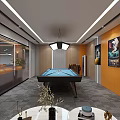 Modern Billiard Room Interior With Pool Table Decorative Paintings And Hanging Lights 3d model