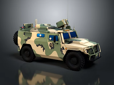Camouflage Painted Military Vehicle with Roof Mounted Equipment and Rugged Off Road Design 3d model
