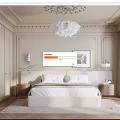 Elegant Beige Bedroom Interior With Moldings Chandelier Upholstered Headboard And Herringbone Rug
