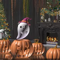 Halloween Christmas Art Installation With Glowing Pumpkin Lanterns Ghost Decorations And Fireplace