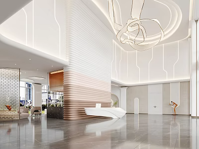 Modern Front Desk Reception Lobby Design With Curved Ceiling LED Strip Lights And Marble Floor 3d model
