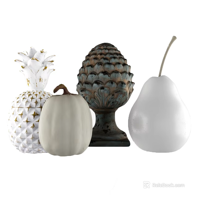 Ceramic Decorative Ornament Set With Pineapple Pumpkin Pinecone And Pear Shapes 3d model