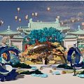 Traditional Chinese Commercial Landscape With Pink Background Lanterns Arch Decoration Blue Wave Elements And Reflections