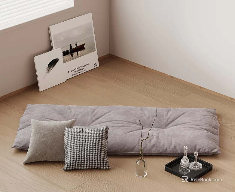 Cozy Corner With Gray Floor Cushion Pillows Art Prints On Wooden Floor 3d model 