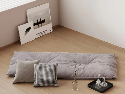 Cozy Corner With Gray Floor Cushion Pillows Art Prints On Wooden Floor 3d model