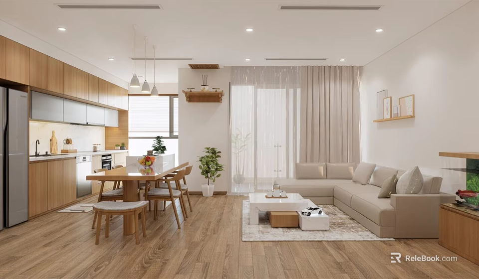 Modern Living And Dining Room Interior With Wooden Dining Table Sofa Rug And Plants 3d model 