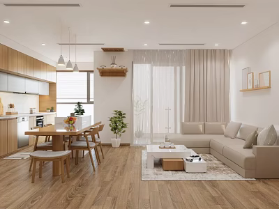 Modern Living And Dining Room Interior With Wooden Dining Table Sofa Rug And Plants 3d model