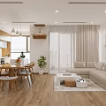 Modern Living And Dining Room Interior With Wooden Dining Table Sofa Rug And Plants