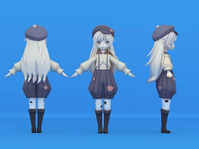 Cartoon Girl With Long White Hair Purple Hat And Heart Pattern Overalls On Blue Background 3d model