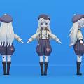 Cartoon Girl With Long White Hair Purple Hat And Heart Pattern Overalls On Blue Background