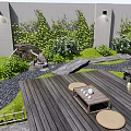 Serene Courtyard Garden With Wooden Deck Green Plants Stone Path And Decorative Stones