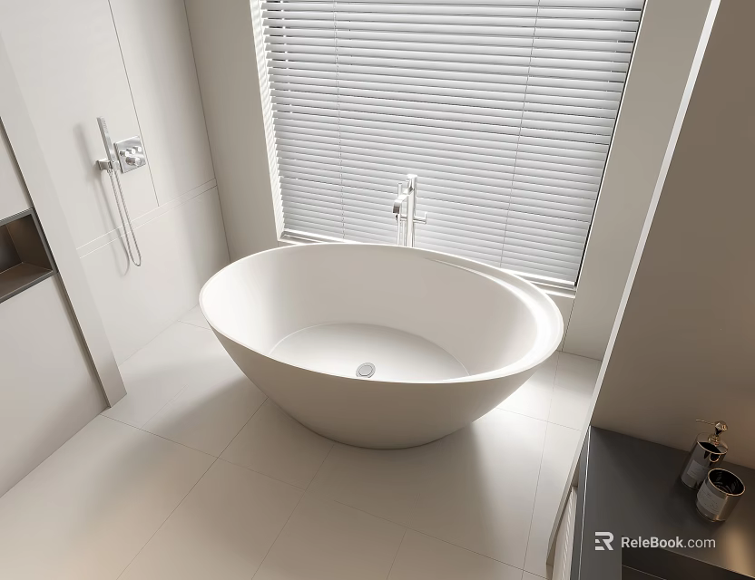 Modern Minimalist Bathroom Interior Featuring Freestanding Round White Bathtub And Window Blinds 3d model 