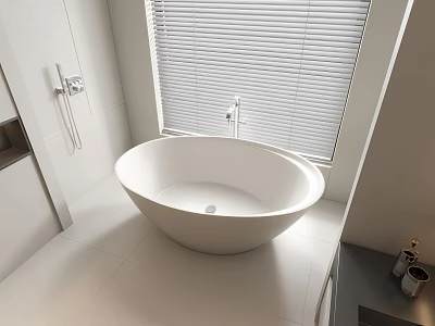Modern Minimalist Bathroom Interior Featuring Freestanding Round White Bathtub And Window Blinds 3d model