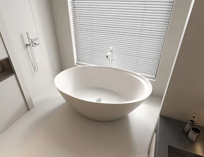 Modern Minimalist Bathroom Interior Featuring Freestanding Round White Bathtub And Window Blinds 3d model