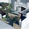 Garden Landscape Design With Modern Building Rockery Pine Tree Pavilion And Stone Wall