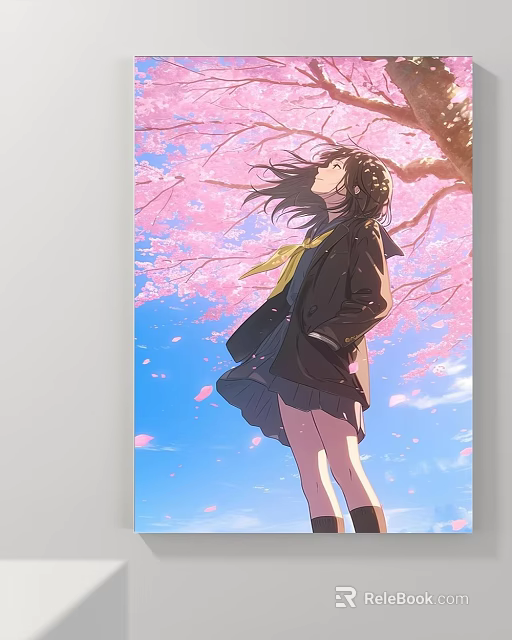 Beautiful Character Painting Of Girl Under Cherry Blossom Tree With Windblown Hair And Falling Petals 3d model 