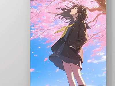 Beautiful Character Painting Of Girl Under Cherry Blossom Tree With Windblown Hair And Falling Petals 3d model