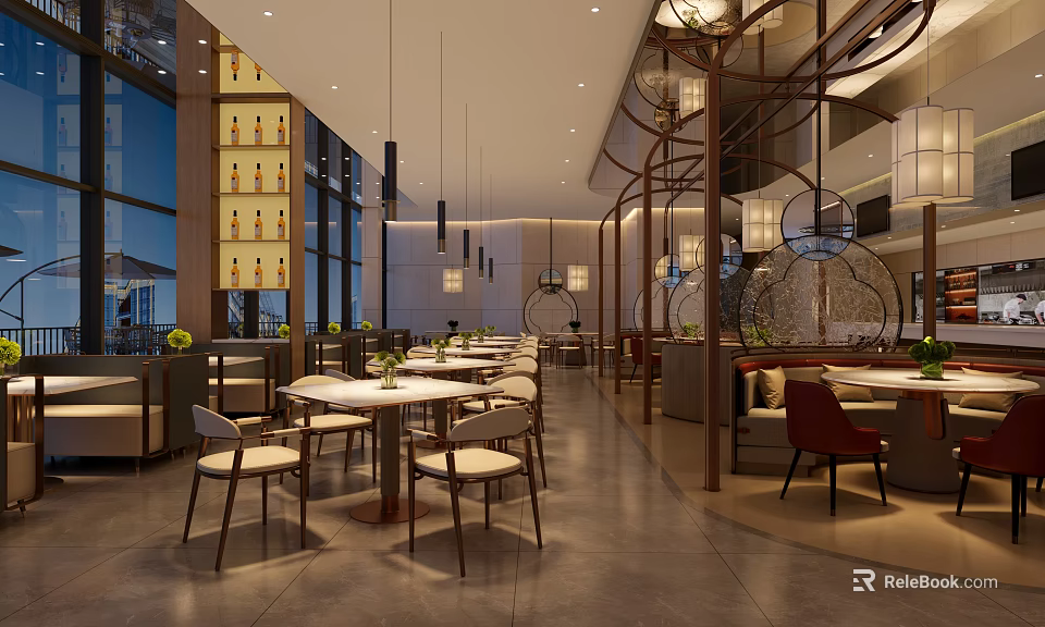 Modern Hotpot Restaurant Spacious Interior With Pendant Lights Wooden Tables Chairs And Green Plants 3d model 