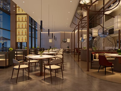 Modern Hotpot Restaurant Spacious Interior With Pendant Lights Wooden Tables Chairs And Green Plants 3d model