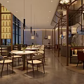 Modern Hotpot Restaurant Spacious Interior With Pendant Lights Wooden Tables Chairs And Green Plants