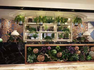 Modern Bar Counter With Black Marble Surface Green Plants Succulents Hanging Lights And Carved Decorations 3d model