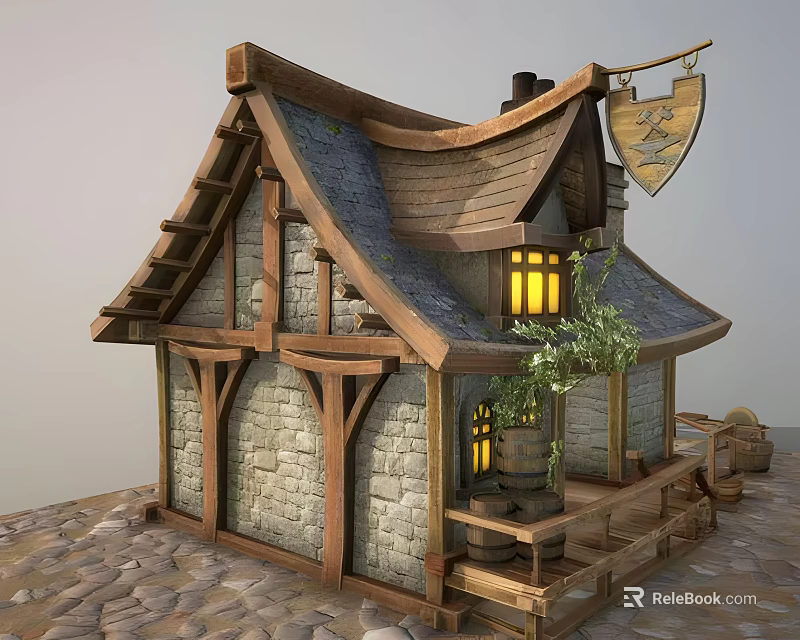 Cartoon Medieval Hut With Wooden Beams Stone Walls Lit Windows And Shield Banner 3d model 