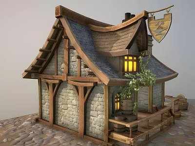 Cartoon Medieval Hut With Wooden Beams Stone Walls Lit Windows And Shield Banner 3d model