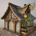 Cartoon Medieval Hut With Wooden Beams Stone Walls Lit Windows And Shield Banner