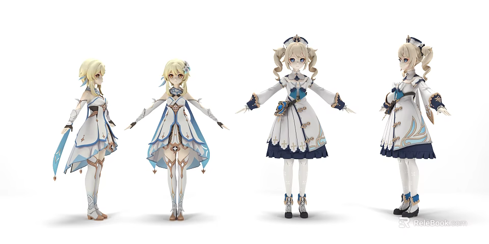 Four Anime Style Female Characters With Blue White Outfits In Different Poses 3d model 