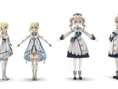 Four Anime Style Female Characters With Blue White Outfits In Different Poses 3d model