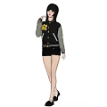 Woman in Black Yellow Baseball Jacket with 88 Gray Sleeves Black Shorts and Gray Hair