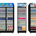 Commercial Upright Glass Door Refrigerators Stocked with Beverages and Top Advertising Posters
