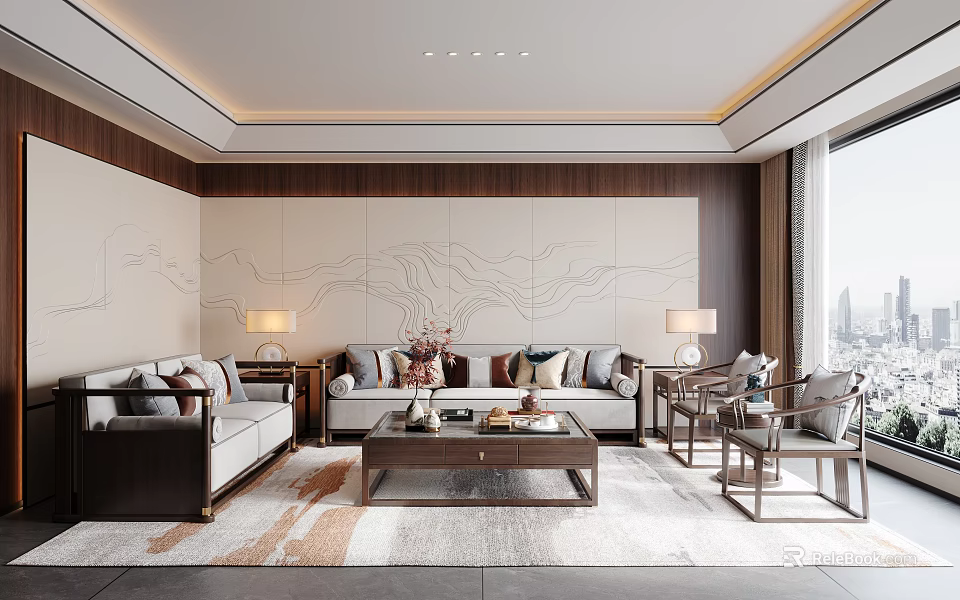 Modern Living Room Interior With Sofa Set Wooden Coffee Table And Patterned Floor Rug 3d model 