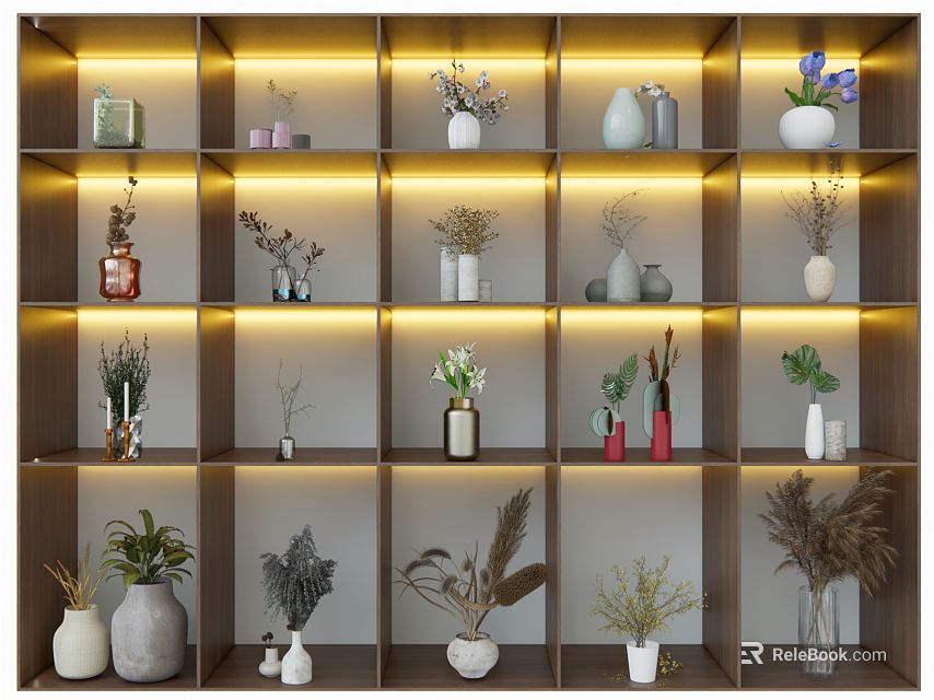 Elegant Illuminated Shelf Compartments With Various Vases And Decorative Plant Arrangements 3d model 