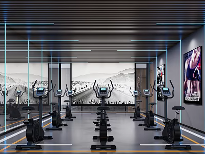 Modern Fitness Studio Interior With Spin Bikes And Artistic Walls 3d model
