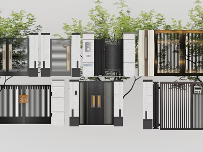 Various Modern Gates with Slatted Metal Frames Wooden Details and Greenery Accents 3d model