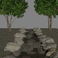 Lush Waterfront Landscape With Flowing Stream Arranged Stones And Shady Trees