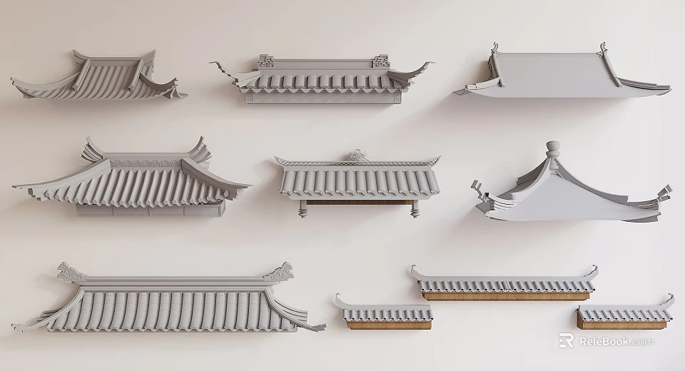Traditional Chinese Architectural Components Various Roof Eaves And Tile Designs For Classical Building Models 3d model 