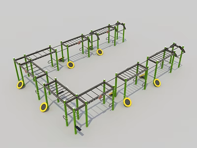Outdoor Multifunctional Fitness Training Equipment With Green Frame And Yellow Wheels For Park Workout Stations 3d model