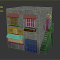 Gray Wall Small House With Green Awnings Wooden Doors Windows Metal Staircase And Cat Sign
