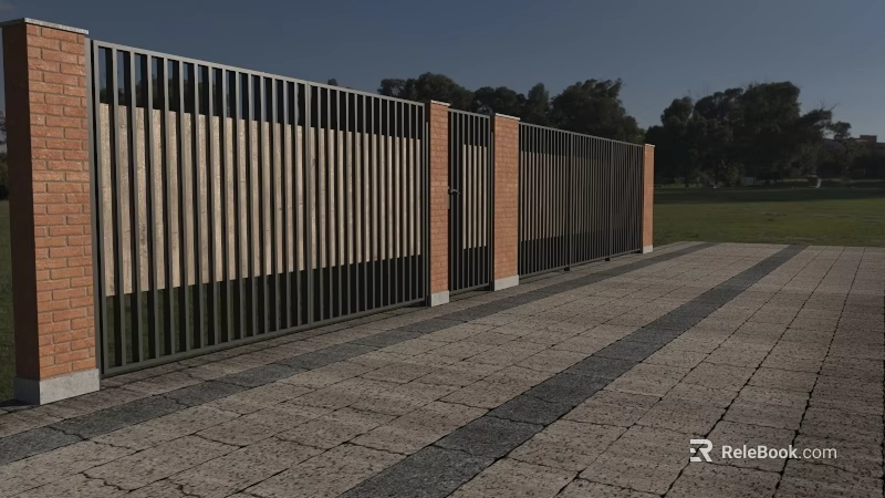 Contemporary Building Facade Design With Metal Railings Brick Walls Wooden Panels And Paved Walkway 3d model 