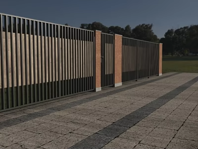 Contemporary Building Facade Design With Metal Railings Brick Walls Wooden Panels And Paved Walkway 3d model