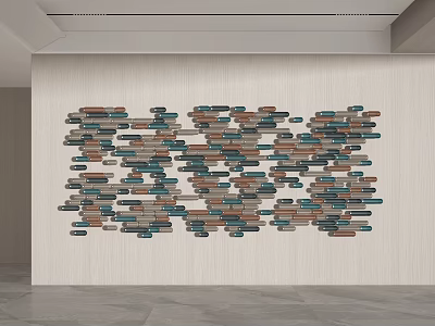 Modern Wall Decor With Wooden Strips Brown And Blue Irregular Pattern On Light Wall 3d model