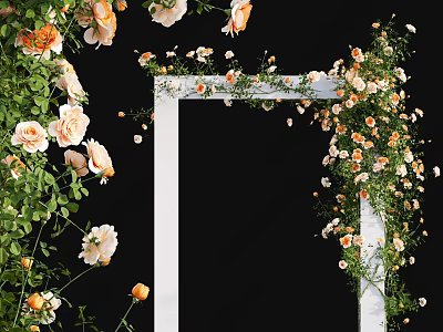 Lush Vines With Orange Roses And Green Leaves Decorating White Archway On Black Background 3d model