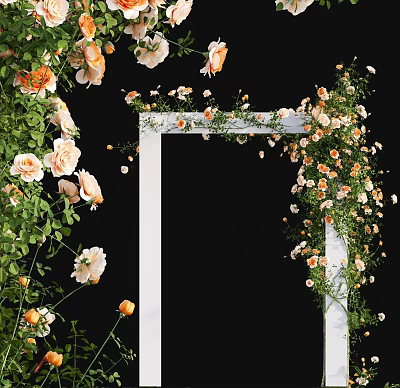 Lush Vines With Orange Roses And Green Leaves Decorating White Archway On Black Background 3d model